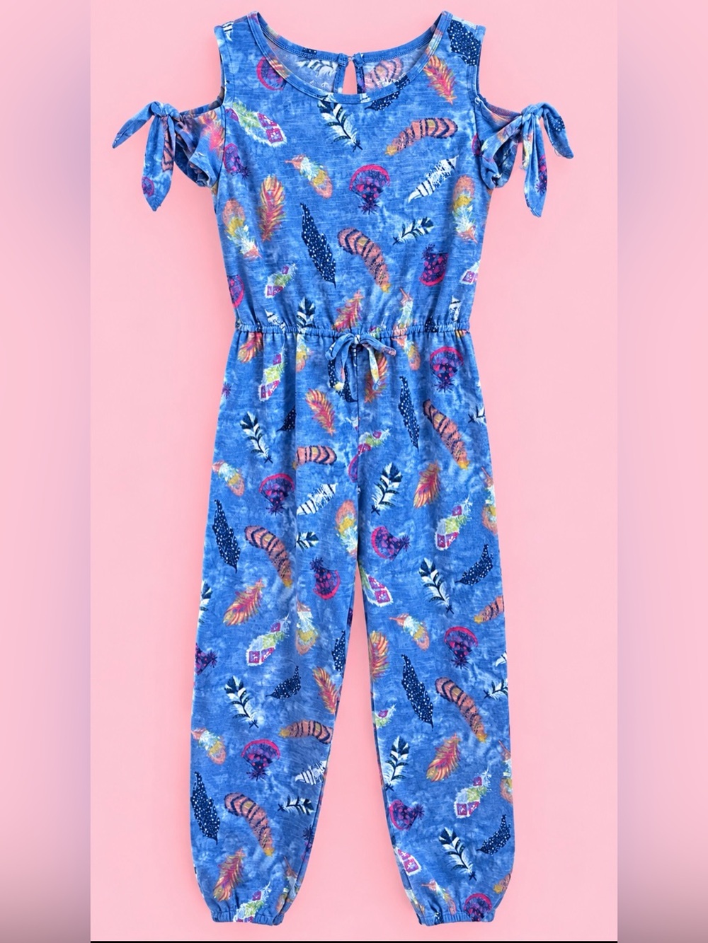 Mudd Girls Size 7 Blue Feather Print Cold Shoulder Jumpsuit